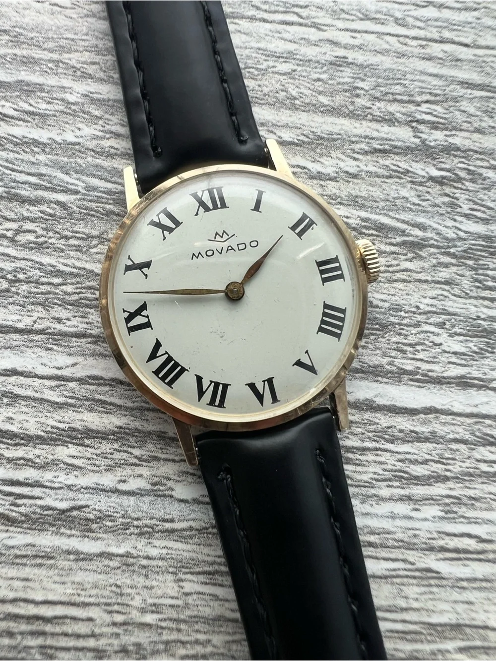 Movado Roman numeral woman’s Watch - Black Strap, 14kt Gold filled case